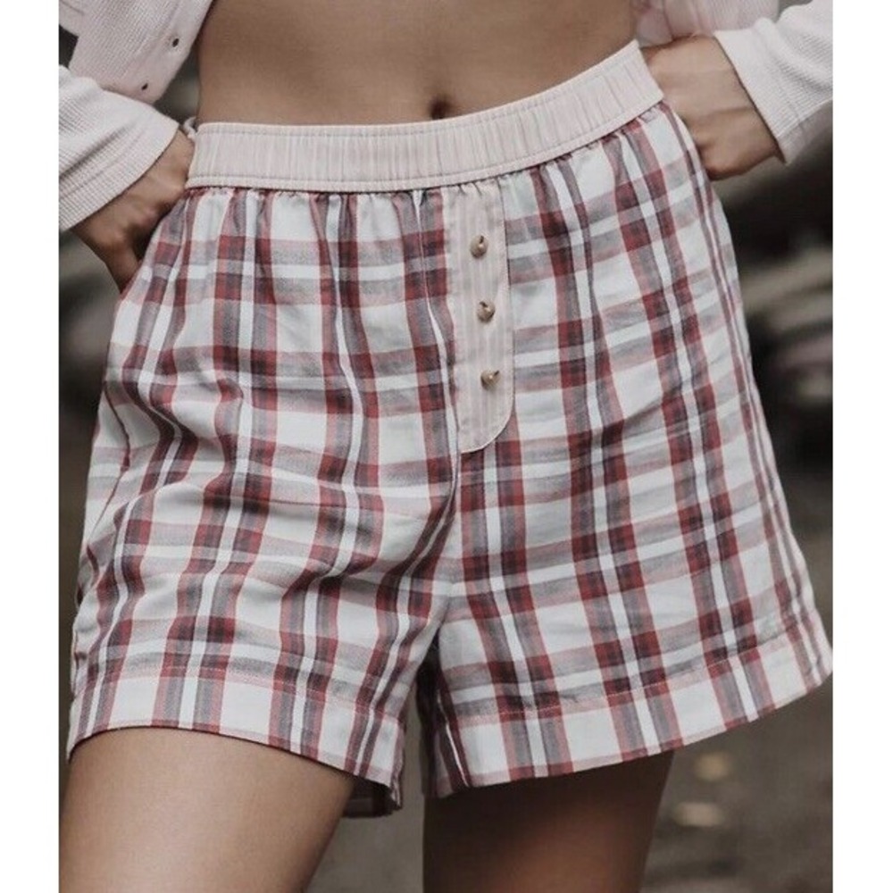 Anthropologie Extra Large Flannel Pajama Boxer Sleep Short Red Plaid XL Bottom